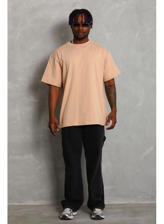 Erkek Düz Yazlık Kısa Kol Tişört Bisiklet Yaka Oversize T-Shirt - Bej