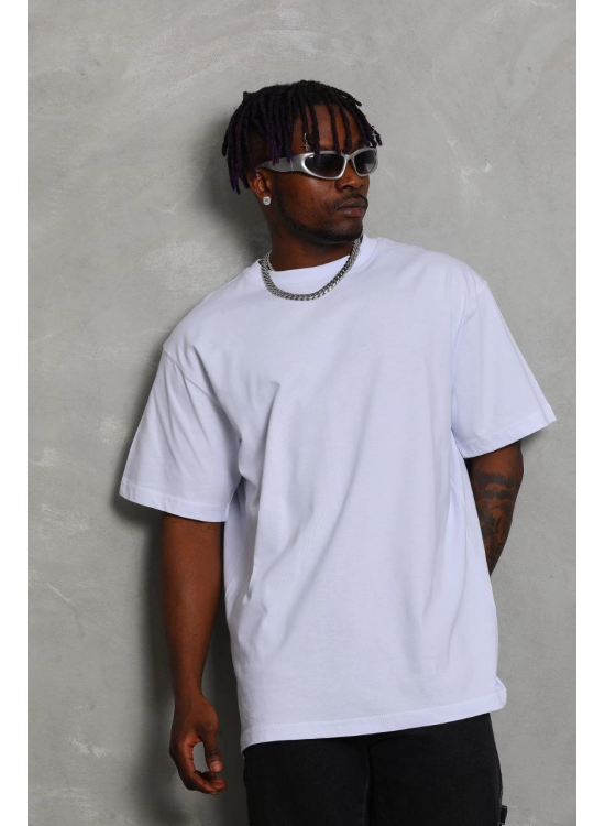 Erkek Düz Yazlık Kısa Kol Tişört Bisiklet Yaka Oversize T-Shirt - Beyaz Erkek Düz Yazlık Kısa Kol Tişört Bisiklet Yaka Oversize T-Shirt - Beyaz
