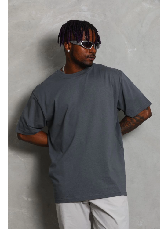 Erkek Düz Yazlık Kısa Kol Tişört Bisiklet Yaka Oversize T-Shirt - Füme Erkek Düz Yazlık Kısa Kol Tişört Bisiklet Yaka Oversize T-Shirt - Füme