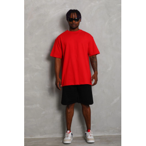 Erkek Düz Yazlık Kısa Kol Tişört Bisiklet Yaka Oversize T-Shirt - Kırmızı