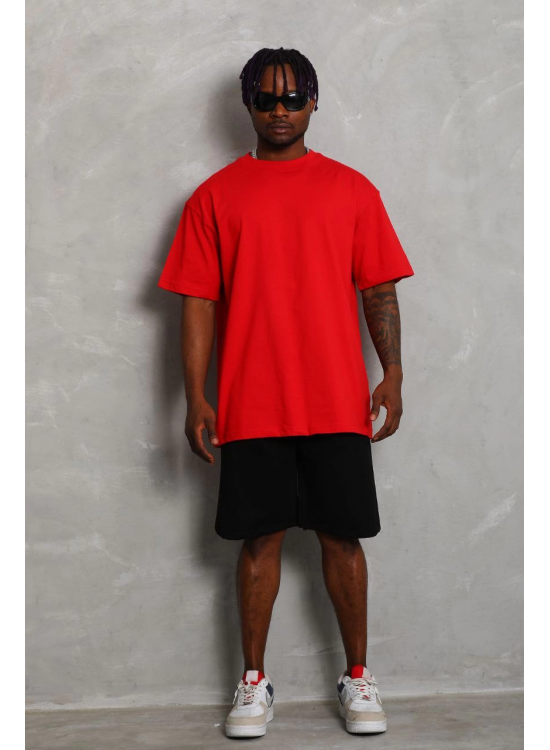 Erkek Düz Yazlık Kısa Kol Tişört Bisiklet Yaka Oversize T-Shirt - Kırmızı Erkek Düz Yazlık Kısa Kol Tişört Bisiklet Yaka Oversize T-Shirt - Kırmızı