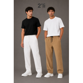 Erkek 2'li Bürümcük Kumaş Beli Lastikli Bağcıklı Bol Paça Pantolon - Beyaz/Vizon