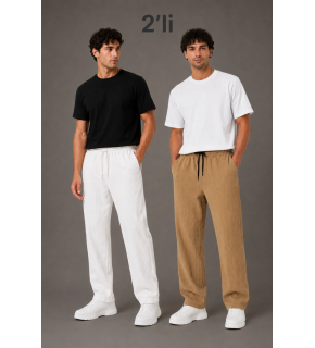 Erkek 2'li Bürümcük Kumaş Beli Lastikli Bağcıklı Bol Paça Pantolon - Beyaz/Vizon