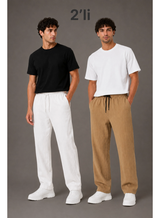 Erkek 2'li Bürümcük Kumaş Beli Lastikli Bağcıklı Bol Paça Pantolon - Beyaz/Vizon