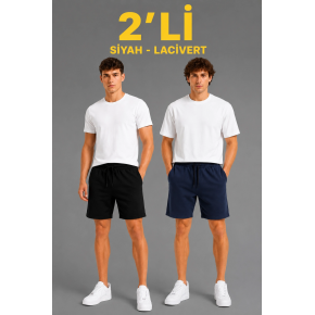 Erkek 2'li Pamuklu Şort 3 İplik Şardonsuz Cepli Lastikli Bağcıklı Regular Fit - Siyah & Lacivert