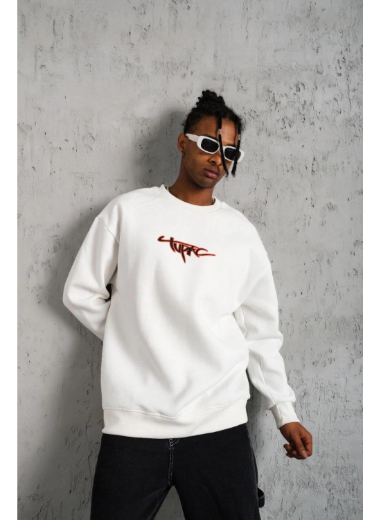 Erkek 3 İplik Pamuklu Bisiklet Yaka Gangster Baskılı Sweatshirt - Beyaz