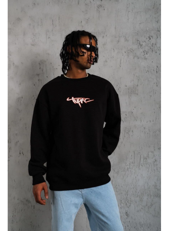 Erkek 3 İplik Pamuklu Bisiklet Yaka Gangster Baskılı Sweatshirt - Siyah