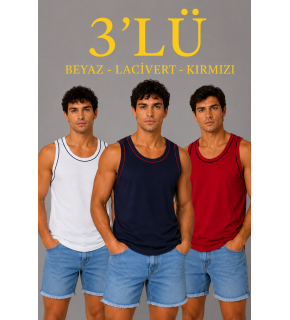 Erkek 3’lü Kolsuz Sporcu Atlet Seti Yazlık Bisiklet Yakalı - Lacivert, Kırmızı, Beyaz