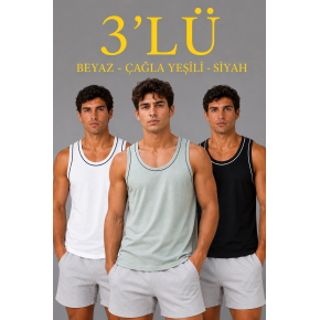 Erkek 3’lü Kolsuz Sporcu Atlet Seti Yazlık Bisiklet Yakalı - Mint Yeşili, Siyah, Beyaz
