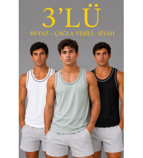 Erkek 3’lü Kolsuz Sporcu Atlet Seti Yazlık Bisiklet Yakalı - Mint Yeşili, Siyah, Beyaz