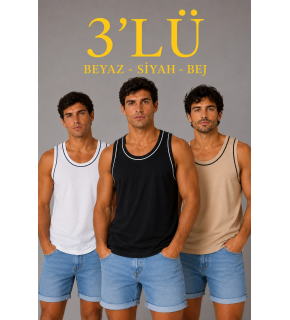 Erkek 3’lü Kolsuz Sporcu Atlet Seti Yazlık Bisiklet Yakalı - Siyah, Bej, Beyaz