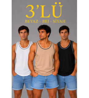 Erkek 3’lü Kolsuz Sporcu Atlet Seti Yazlık Bisiklet Yakalı - Siyah, Bej, Beyaz