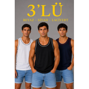 Erkek 3’lü Kolsuz Sporcu Atlet Seti Yazlık Bisiklet Yakalı - Siyah, Lacivert, Beyaz