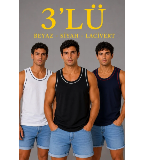 Erkek 3’lü Kolsuz Sporcu Atlet Seti Yazlık Bisiklet Yakalı - Siyah, Lacivert, Beyaz