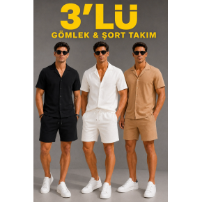 Erkek 3’lü Krep Kumaş Cepli Gömlek Şort Takım Kısa Kollu Bağcıklı - Siyah , Beyaz , Bej