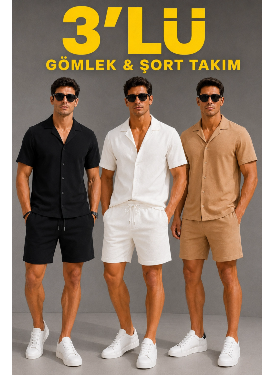 Erkek 3’lü Krep Kumaş Cepli Gömlek Şort Takım Kısa Kollu Bağcıklı - Siyah , Beyaz , Bej Erkek 3’lü Krep Kumaş Cepli Gömlek Şort Takım Kısa Kollu Bağcıklı - Siyah , Beyaz , Bej