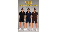 Erkek 3’lü Krep Kumaş Cepli Gömlek Şort Takım Kısa Kollu Bağcıklı - Siyah , Lacivert , Kahverengi Erkek 3’lü Krep Kumaş Cepli Gömlek Şort Takım Kısa Kollu Bağcıklı - Siyah , Lacivert , Kahverengi