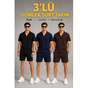 Erkek 3’lü Krep Kumaş Cepli Gömlek Şort Takım Kısa Kollu Bağcıklı - Siyah , Lacivert , Kahverengi