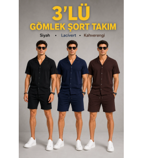 Erkek 3’lü Krep Kumaş Cepli Gömlek Şort Takım Kısa Kollu Bağcıklı - Siyah , Lacivert , Kahverengi