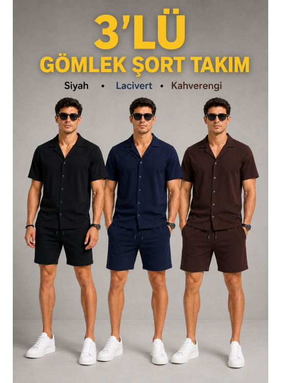 Erkek 3’lü Krep Kumaş Cepli Gömlek Şort Takım Kısa Kollu Bağcıklı - Siyah , Lacivert , Kahverengi Erkek 3’lü Krep Kumaş Cepli Gömlek Şort Takım Kısa Kollu Bağcıklı - Siyah , Lacivert , Kahverengi