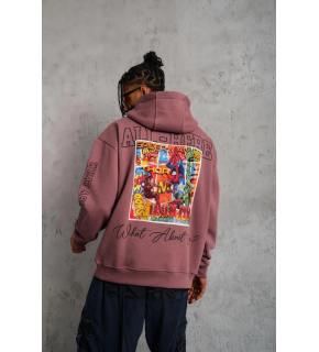 Erkek 3 İplik Pamuklu Kapüşonlu Baskılı Cepli Sweatshirt Hoodie - Gül Kurusu