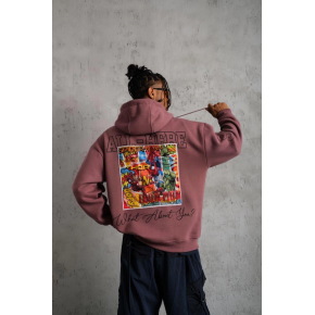 Erkek 3 İplik Pamuklu Kapüşonlu Baskılı Cepli Sweatshirt Hoodie - Gül Kurusu
