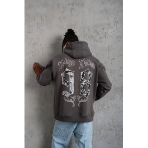 Erkek 3 İplik Pamuklu Kapüşonlu Baskılı Cepli Oversize Sweatshirt Hoodie - Gri