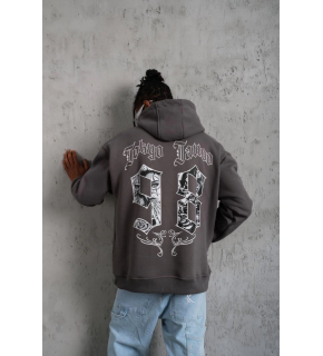 Erkek 3 İplik Pamuklu Kapüşonlu Baskılı Cepli Oversize Sweatshirt Hoodie - Gri