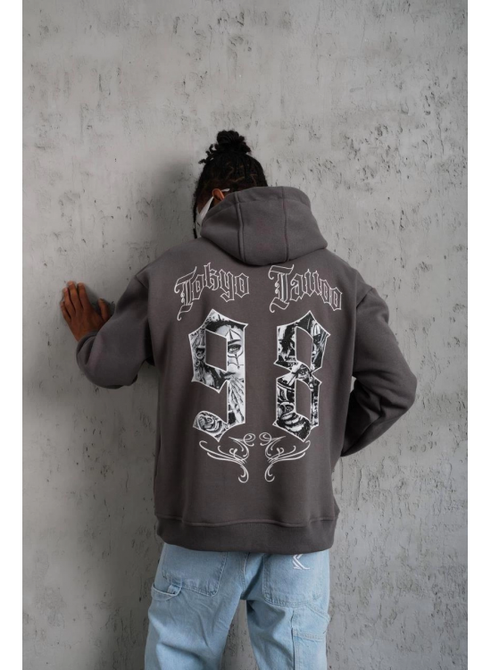 Erkek 3 İplik Pamuklu Kapüşonlu Baskılı Cepli Oversize Sweatshirt Hoodie - Gri Erkek 3 İplik Pamuklu Kapüşonlu Baskılı Cepli Oversize Sweatshirt Hoodie - Gri