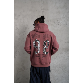 Erkek 3 İplik Pamuklu Kapüşonlu Baskılı Cepli Sweatshirt Hoodie - Gül Kurusu