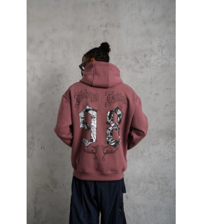 Erkek 3 İplik Pamuklu Kapüşonlu Baskılı Cepli Sweatshirt Hoodie - Gül Kurusu