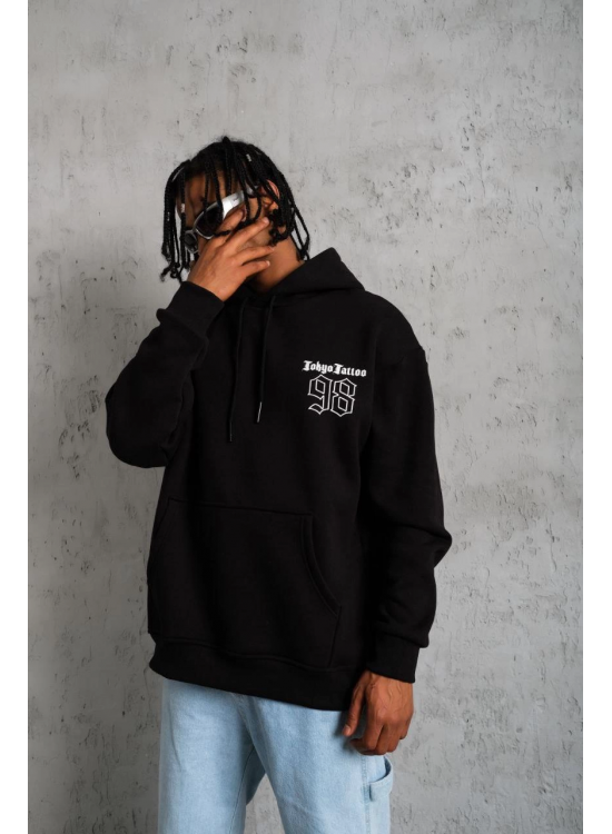 Erkek 98 Baskılı Kapüşonlu 3 iplik pamuklu hoodie Sweatshirt - Siyah Erkek 98 Baskılı Kapüşonlu 3 iplik pamuklu hoodie Sweatshirt - Siyah