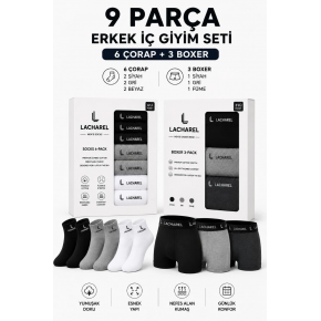 Erkek 9'Lu İç Giyim Seti Pamuklu 3 Boxer 6 Çorap Çoklu Paket - Siyah - Füme - Gri - Beyaz