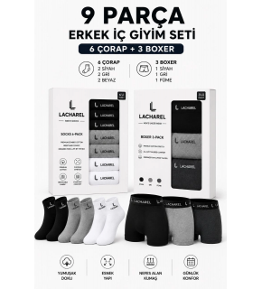 Erkek 9'Lu İç Giyim Seti Pamuklu 3 Boxer 6 Çorap Çoklu Paket - Siyah - Füme - Gri - Beyaz