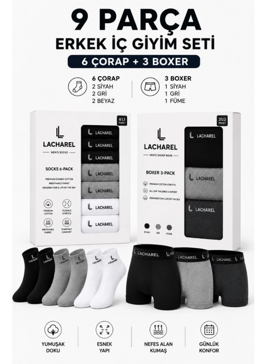 Erkek 9'Lu İç Giyim Seti Pamuklu 3 Boxer 6 Çorap Çoklu Paket - Siyah - Füme - Gri - Beyaz Erkek 9'Lu İç Giyim Seti Pamuklu 3 Boxer 6 Çorap Çoklu Paket - Siyah - Füme - Gri - Beyaz