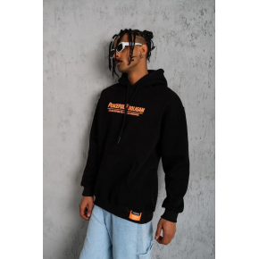 Erkek 3 İplik Pamuklu Kapüşonlu Baskılı Cepli Oversize Sweatshirt Hoodie - Siyah