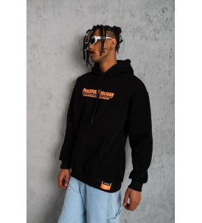 Erkek 3 İplik Pamuklu Kapüşonlu Baskılı Cepli Oversize Sweatshirt Hoodie - Siyah