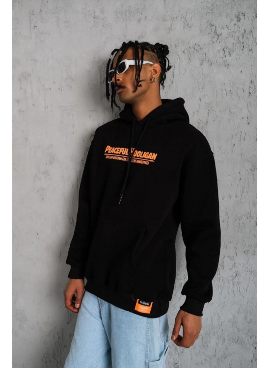 Erkek 3 İplik Pamuklu Kapüşonlu Baskılı Cepli Oversize Sweatshirt Hoodie - Siyah Erkek 3 İplik Pamuklu Kapüşonlu Baskılı Cepli Oversize Sweatshirt Hoodie - Siyah