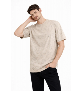 Erkek Asit Yıkama Bisiklet Yaka Kısa Kollu Oversize T-Shirt Tişört - Bej