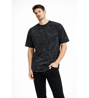 Erkek Asit Yıkama Bisiklet Yaka Kısa Kollu Oversize T-Shirt Tişört - Siyah