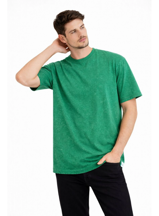 Erkek Asit Yıkama Bisiklet Yaka Kısa Kollu Oversize T-Shirt Tişört - Yeşil