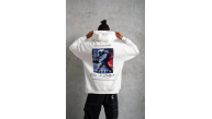 Erkek 3 İplik Pamuklu Kapüşonlu Baskılı Cepli Oversize Sweatshirt Hoodie - Beyaz