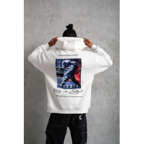 Erkek 3 İplik Pamuklu Kapüşonlu Baskılı Cepli Oversize Sweatshirt Hoodie - Beyaz