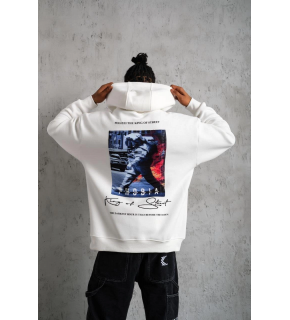 Erkek 3 İplik Pamuklu Kapüşonlu Baskılı Cepli Oversize Sweatshirt Hoodie - Beyaz