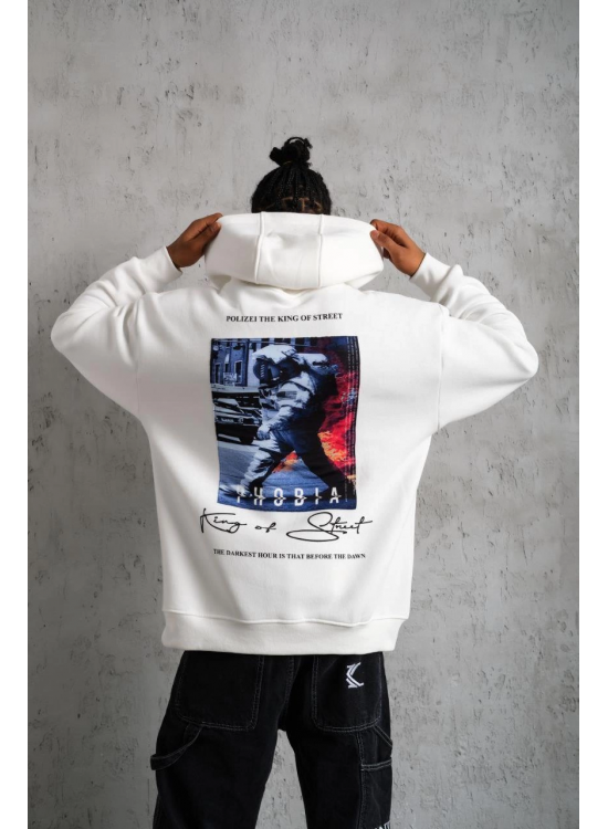 Erkek 3 İplik Pamuklu Kapüşonlu Baskılı Cepli Oversize Sweatshirt Hoodie - Beyaz