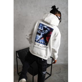 Erkek 3 İplik Pamuklu Kapüşonlu Baskılı Cepli Oversize Sweatshirt Hoodie - Beyaz