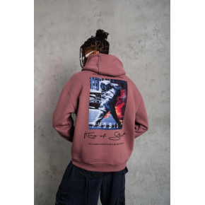 Erkek 3 İplik Pamuklu Kapüşonlu Baskılı Cepli Oversize Sweatshirt Hoodie - Gül Kurusu