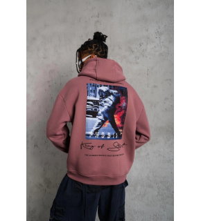 Erkek 3 İplik Pamuklu Kapüşonlu Baskılı Cepli Oversize Sweatshirt Hoodie - Gül Kurusu
