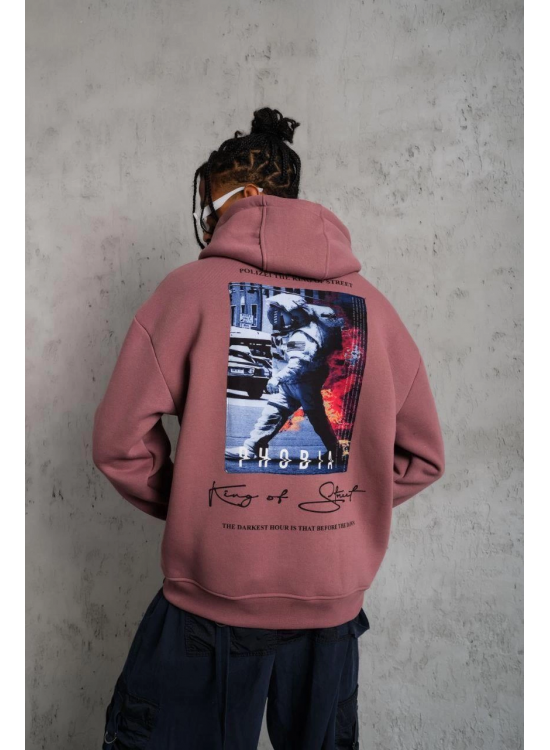 Erkek 3 İplik Pamuklu Kapüşonlu Baskılı Cepli Oversize Sweatshirt Hoodie - Gül Kurusu Erkek 3 İplik Pamuklu Kapüşonlu Baskılı Cepli Oversize Sweatshirt Hoodie - Gül Kurusu