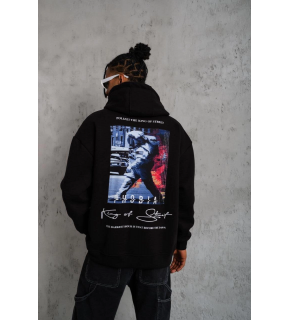 Erkek 3 İplik Pamuklu Kapüşonlu Baskılı Cepli Oversize Sweatshirt Hoodie - Siyah